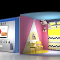 Home Furnishing Display Photo Spot With Pink Yellow Walls Yellow Table Chairs And Striped Decor