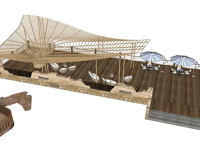 Modern Road Infrastructure Design With Wooden Canopy Pedestrian Walkway And Seating Areas 3d model