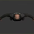 Man In Black Leather Jacket Red T-Shirt White Logo Brown Pants Black Boots Arms Outstretched