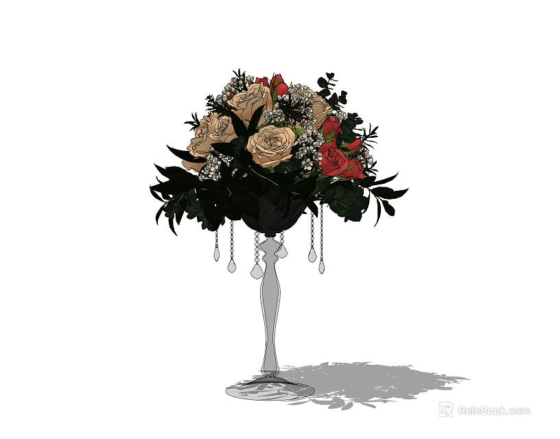 Tall Glass Vase With Cream Red White Roses Green Leaves And Hanging Crystal Beads 3d model 