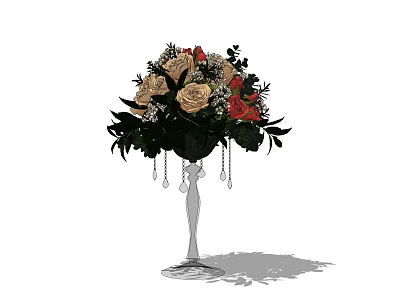 Tall Glass Vase With Cream Red White Roses Green Leaves And Hanging Crystal Beads 3d model