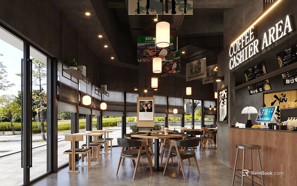 Modern Coffee Shop Interior With Large Windows Hanging Lights Wooden Tables And Bar Counter 3d model 