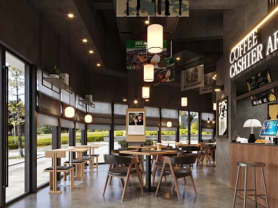 Modern Coffee Shop Interior With Large Windows Hanging Lights Wooden Tables And Bar Counter 3d model
