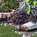 Living Plant Wall Featuring Wisteria Blooms Greenery Purple Pink Flowers Deer Sculpture Stream And Grass