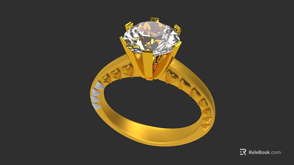 Elegant Gold Ring Featuring Large Solitaire Diamond And Decorative Band Details 3d model 