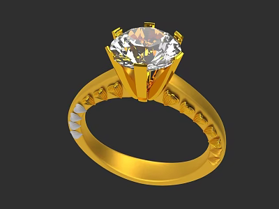 Elegant Gold Ring Featuring Large Solitaire Diamond And Decorative Band Details 3d model
