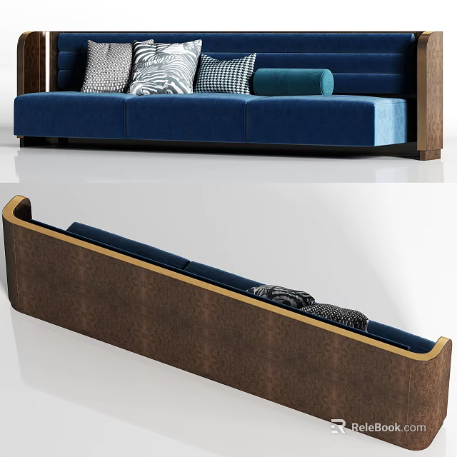 Modern Blue Sectional Sofa With Patterned Throw Pillows And Wooden Frame 3d model