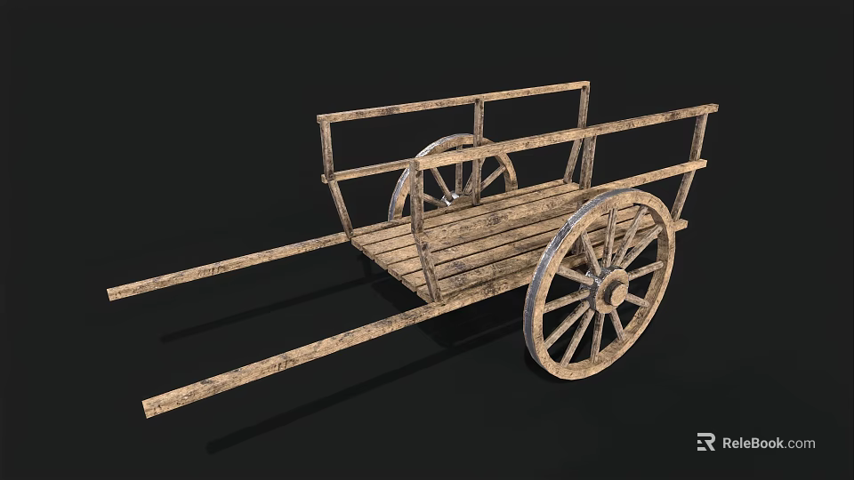 Vintage Wooden Cart with Large Spoked Wheels and Rustic Wooden Frame 3d model 