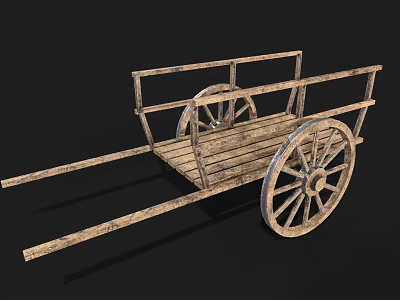 Vintage Wooden Cart with Large Spoked Wheels and Rustic Wooden Frame 3d model