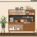 Wooden Sideboard with Glass Doors Hanging Cups Coffee Machine Fruits Sunflower Decor and Potted Plant