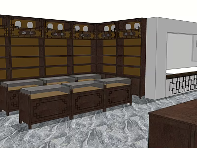 Wooden Multi Tiered Display Shelving Units In Vintage Interior Space With Marble Flooring 3d model