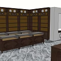 Wooden Multi Tiered Display Shelving Units In Vintage Interior Space With Marble Flooring