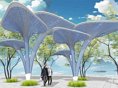 Garden Landscape Design With Mushroom Shaped Blue Shade Structures Trees And Pedestrians 3d model