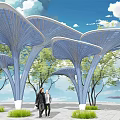 Garden Landscape Design With Mushroom Shaped Blue Shade Structures Trees And Pedestrians