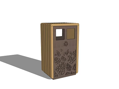 Public Wooden Waste Bin With Decorative Patterns For Outdoor Urban Facilities 3d model