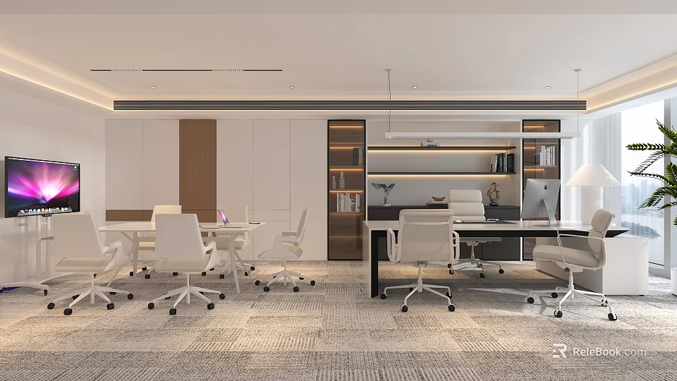 Modern Office Interior Design With Work Desks White Chairs And Wooden Bookshelves 3d model 