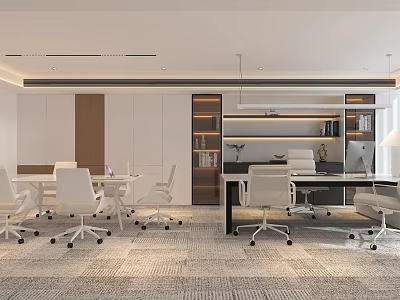 Modern Office Interior Design With Work Desks White Chairs And Wooden Bookshelves 3d model