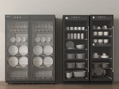 Black Commercial Equipment Dish Sterilization Cabinets With Neatly Arranged Dish Storage 3d model