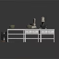 White Metal Kitchen Workbench With Pots Scale Mixer And Cooking Utensils On Top