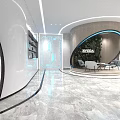 Modern Interior Space Design With Curved Structure Illuminated Lines Marble Floor And Green Plants
