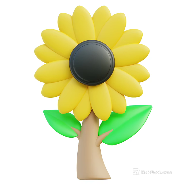 Vibrant Sunflower Plant With Yellow Petals Black Center Green Leaves And Brown Stem 3d model 