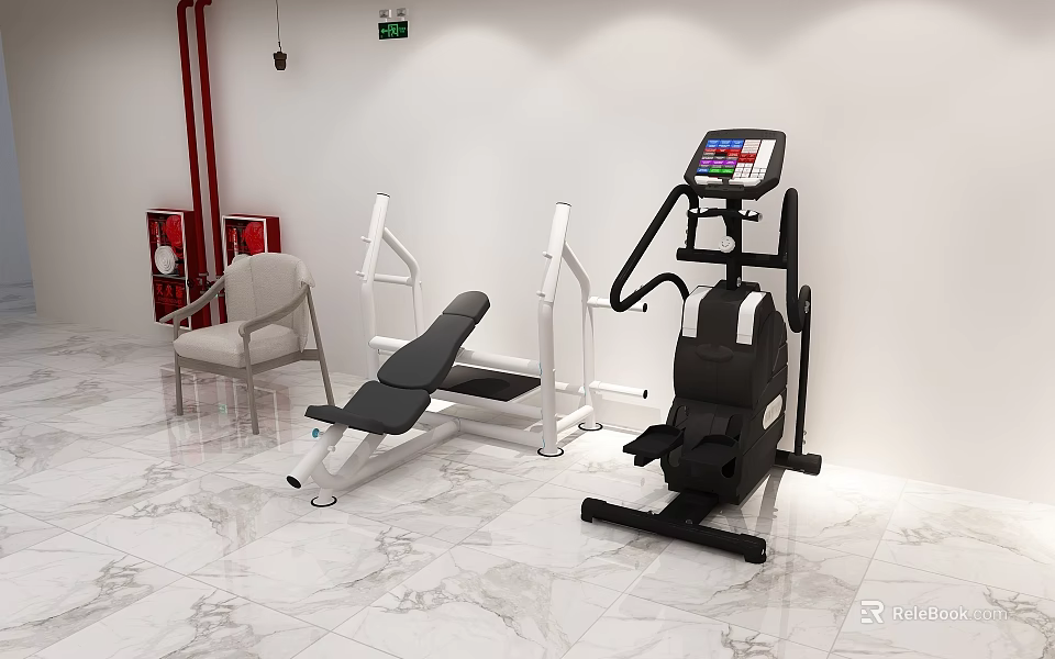 Furniture Showroom Interior With Fitness Chair Treadmill White Walls And Marble Floor 3d model 