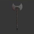 Ancient Double Bladed Axe With Textured Head And Decorative Patterned Wooden Shaft