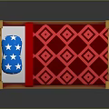 Wooden Bed Frame With Red Geometric Pattern Quilt And Blue Star Pillow