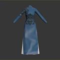 Elegant Blue Cheongsam With Long Sleeves Floral Embroidery And Side Slit