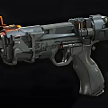 Futuristic Tactical Handgun With Black Mechanical Design Orange Accents And Ergonomic Grip