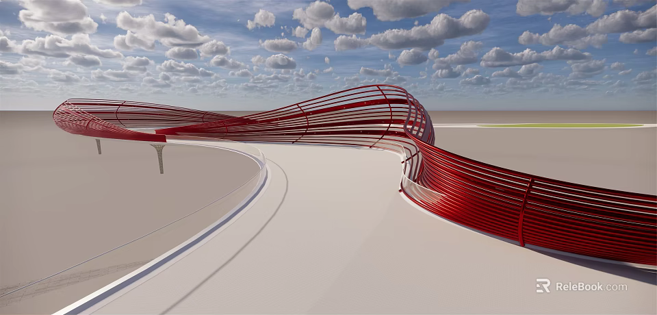 Red Wavy Bridge Design With Curved Structure Cloudy Sky And Light Ground 3d model