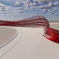 Red Wavy Bridge Design With Curved Structure Cloudy Sky And Light Ground 3d model