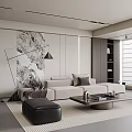 Modern Living Room Interior With Beige Sofa Black Armchair Ottoman And Decorative Artwork