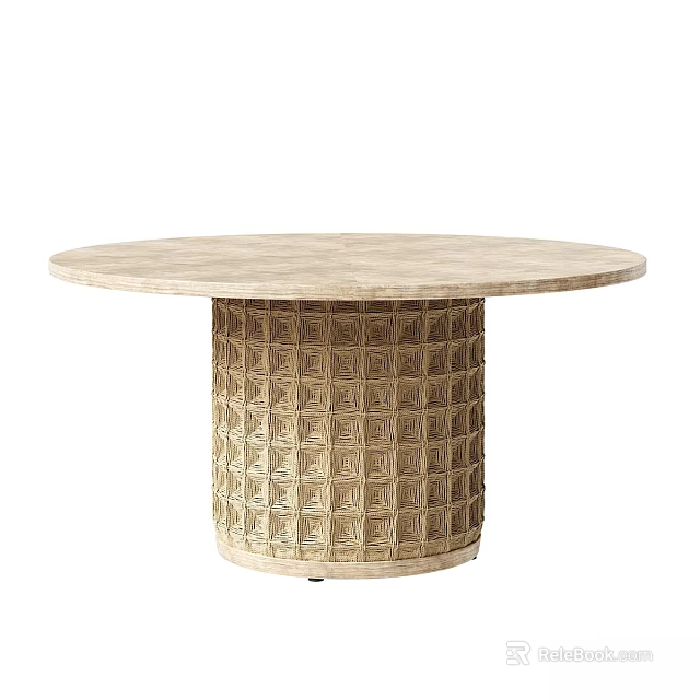 Beige Circular Dining Table With Woven Texture Base And Smooth Stone Top 3d model