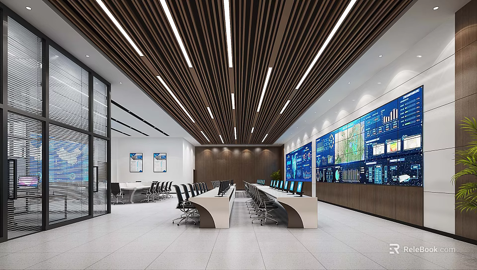Modern Control Room Interior With Large Digital Screens Control Desks And Suspended Lighting 3d model 