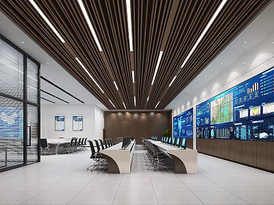 Modern Control Room Interior With Large Digital Screens Control Desks And Suspended Lighting 3d model