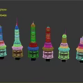 Six Red And White Layered Towers With Circular Base Spire And Reflections On Black Background