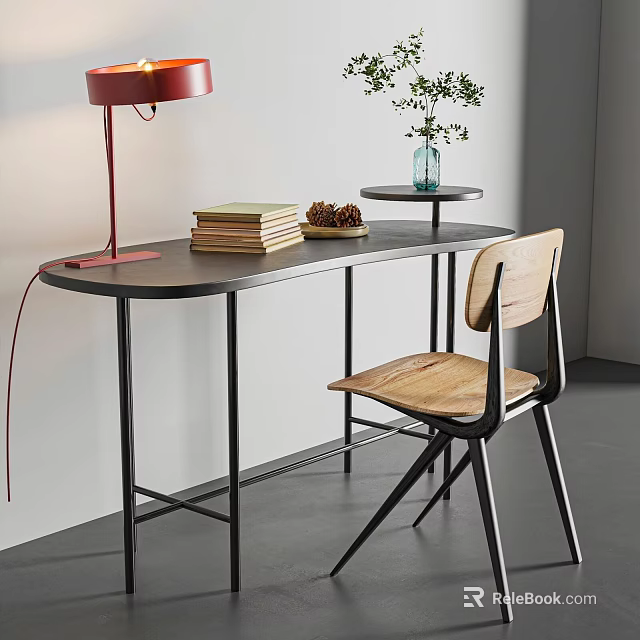 Modern Desk Interior Design With Red Lamp Books Wooden Chair And Green Plant Decor 3d model 