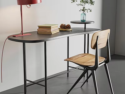 Modern Desk Interior Design With Red Lamp Books Wooden Chair And Green Plant Decor 3d model