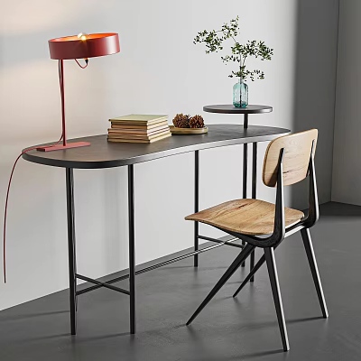 Modern Desk Interior Design With Red Lamp Books Wooden Chair And Green Plant Decor 3d model