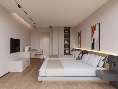 Modern Hotel Guest Room With Twin Beds TV Desk And Decorative Paintings 3d model