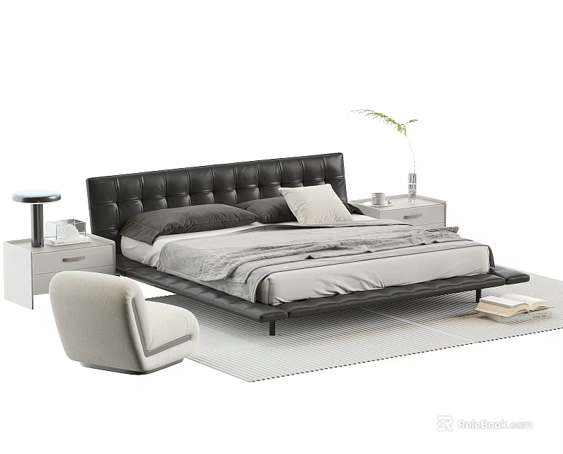 Modern Double Bed With Leather Headboard Nightstands Chair Rug And Decorative Pillows 3d model 