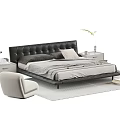 Modern Double Bed With Leather Headboard Nightstands Chair Rug And Decorative Pillows