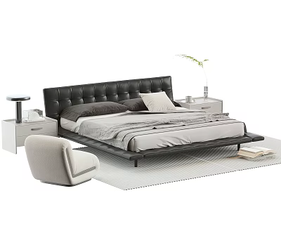 Modern Double Bed With Leather Headboard Nightstands Chair Rug And Decorative Pillows 3d model