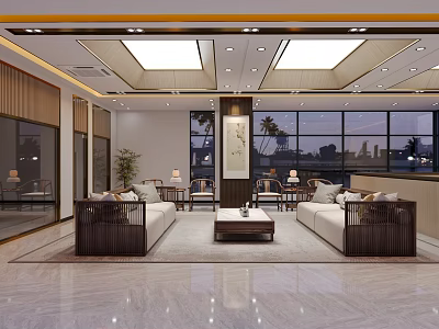 Modern Chinese Office Interior With Spacious Layout Large Windows Sofa Seating And Marble Floor 3d model