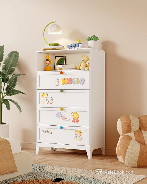 White Children's Chest of Drawers with Cartoon Stickers and Colorful Handles in Cozy Room 3d model 