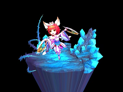 Red Haired Fox Eared Character Holding Weapon In Purple White Outfit On Ice Crystal Platform 3d model