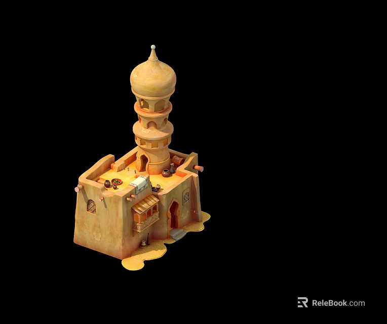 Cartoon Style Middle Eastern Tower With Yellow Structure Dome Small Windows And Balcony 3d model