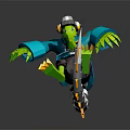 Green Creature Character Wearing Blue Coat And White Hat Holding Weapon With Orange White Rings