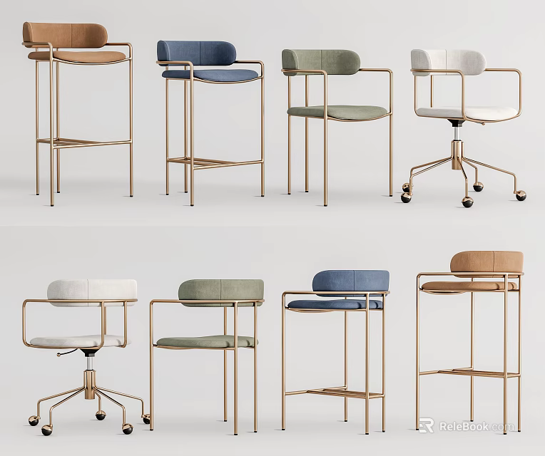 Modern Bar Stools In Multiple Colors With Metal Frame And Various Styles 3d model 